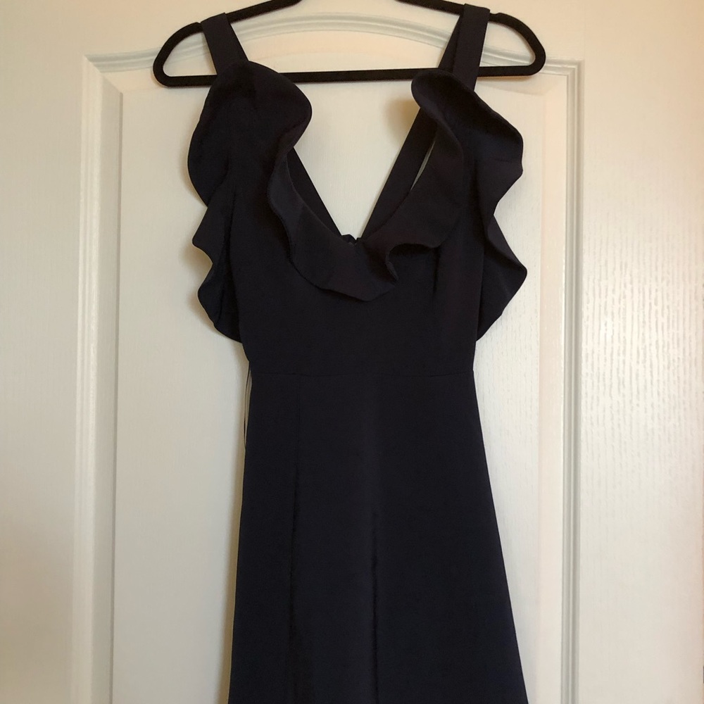 KEEPSAKE Navy Blue Ruffle Deep V-Neck Dress